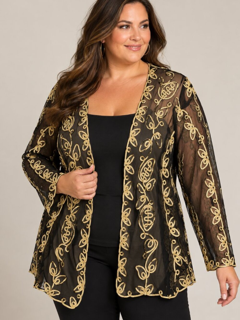 Catherines 2X Black Gold Soutache Embroidered Sheer Mesh Jacket Topper